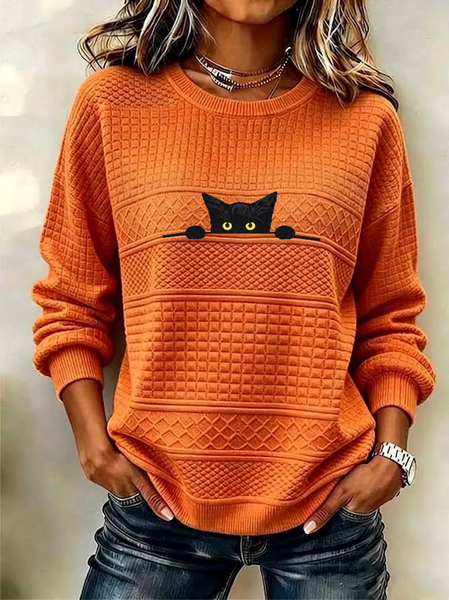 Women Cat Crew Neck Printing Casual Spring/Fall Long Sleeve Sweatshirt