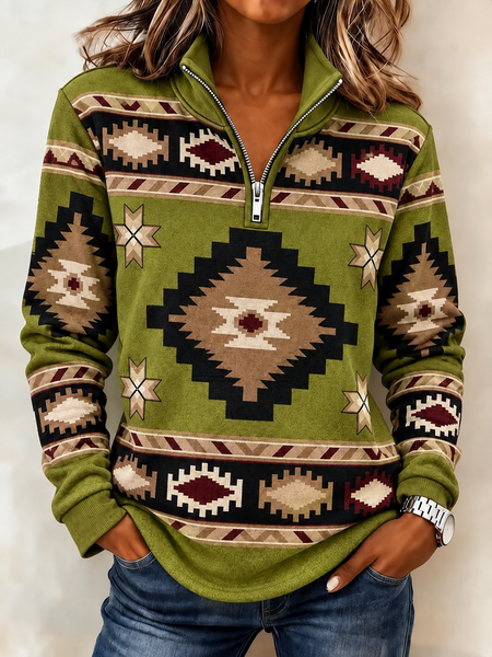 Casual Ethnic Geometry Half Open Collar Long Sleeve Sweatshirt
