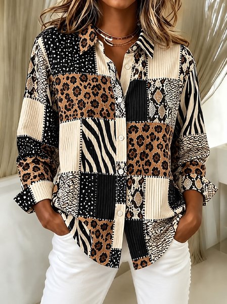 Women Geometric Shawl Collar Long Sleeve Shirt Vintage Daily Spring/Fall Top