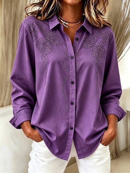 Women Floral Vintage Shirt Shawl Collar Long Sleeve Top