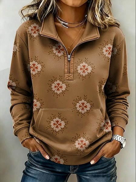 Women Floral Stand Collar Ethnic Spring/Fall Long Sleeve Sweatshirt