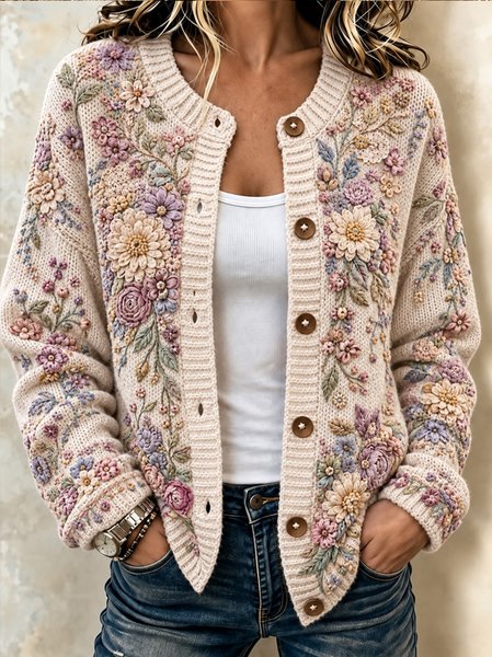 Women Floral Long Sleeve Comfy Casual Cardigan