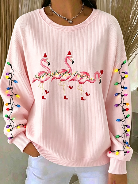Women Flamingo Crew Neck Printing Casual Spring/Fall Long Sleeve Sweatshirt