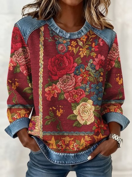 Casual Floral Crew Neck Long Sleeve Sweatshirt