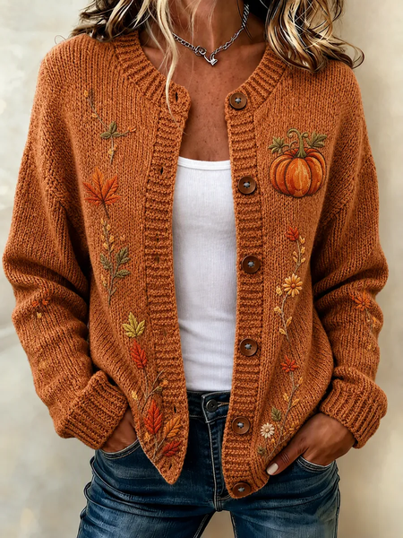 Women Maple Leaf Long Sleeve Comfy Vintage Printing Cardigan