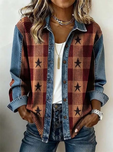 Women Plaid Shawl Collar Long Sleeve Shirt Vintage Daily Spring/Fall Top