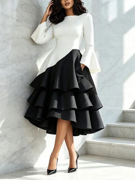 Plus Size Elegant Color Block Bell Sleeve Split Joint Boat Neck Midi Dress