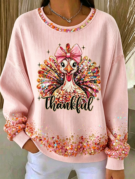 Women Turkey Crew Neck Printing Casual Spring/Fall Long Sleeve Sweatshirt