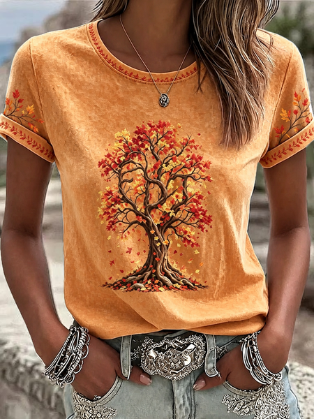 Casual Maple Leaf Crew Neck Short Sleeve T-shirt