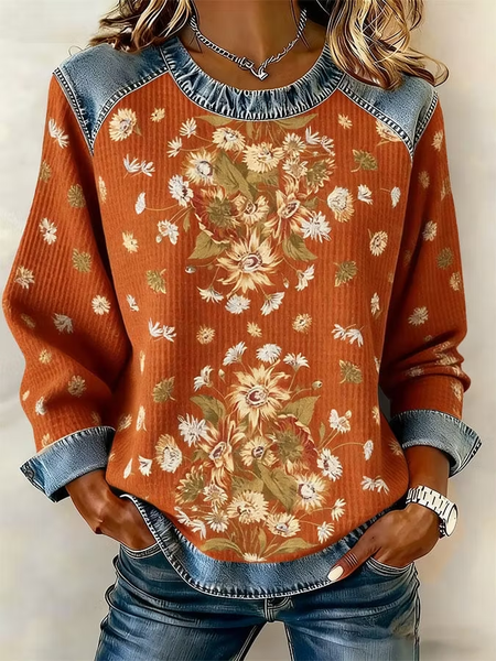 Casual Floral Crew Neck Long Sleeve Sweatshirt