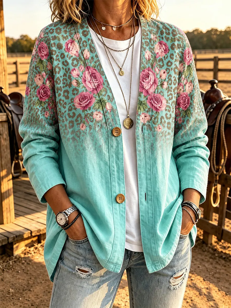 Women Spring/Fall Outerwear Casual Printing Floral Long Sleeve Jacket