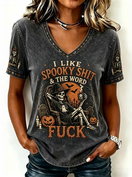 Casual Text Letters V Neck Short Sleeve T-shirt