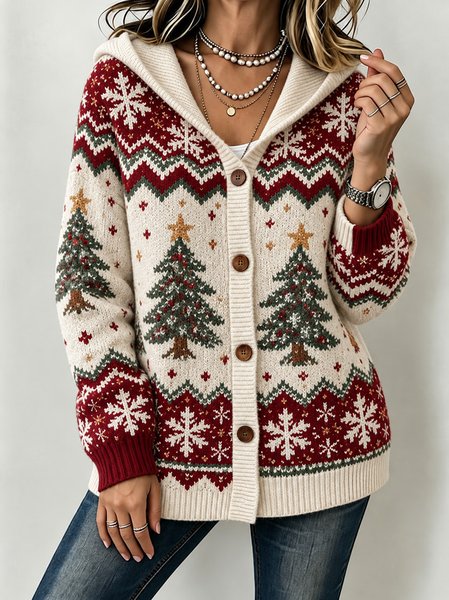 Women Geometric Long Sleeve Hoodie Vintage Spring/Fall Cardigan Outerwear