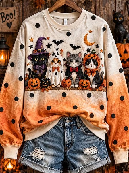 Women Cat Crew Neck Casual Spring/Fall Long Sleeve Sweatshirt