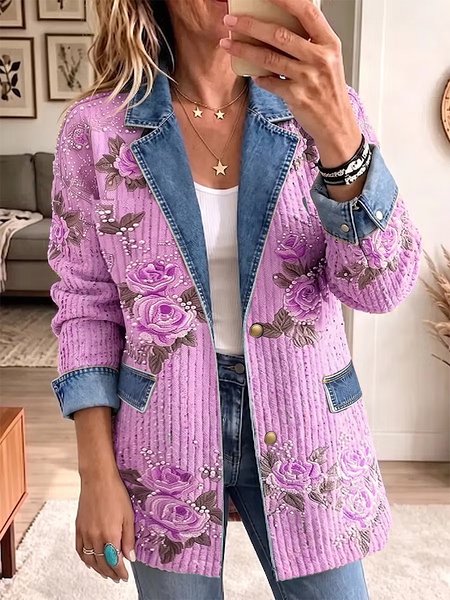 Women Floral Printing Long Sleeve Lapel Collar Vintage Spring/Fall Jacket Outerwear