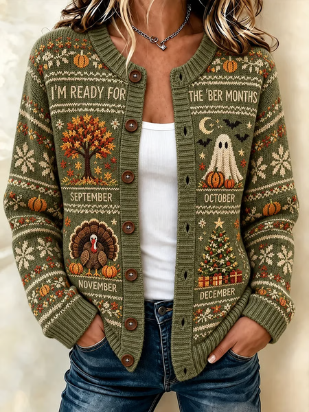 Women Maple Leaf Long Sleeve Comfy Vintage Printing Cardigan