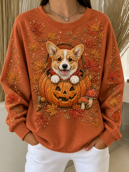 Women Dog Crew Neck Casual Spring/Fall Long Sleeve Sweatshirt