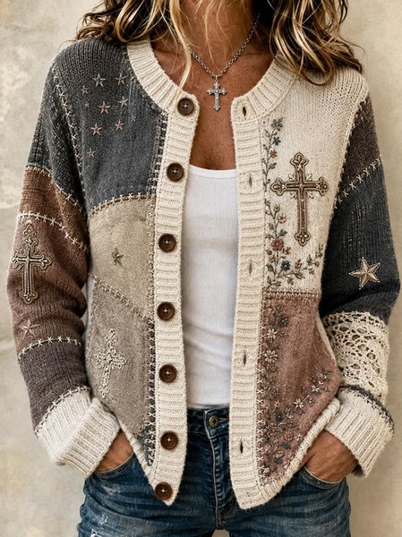 Women Geometric Long Sleeve Crew Neck Vintage Spring/Fall Cardigan Outerwear