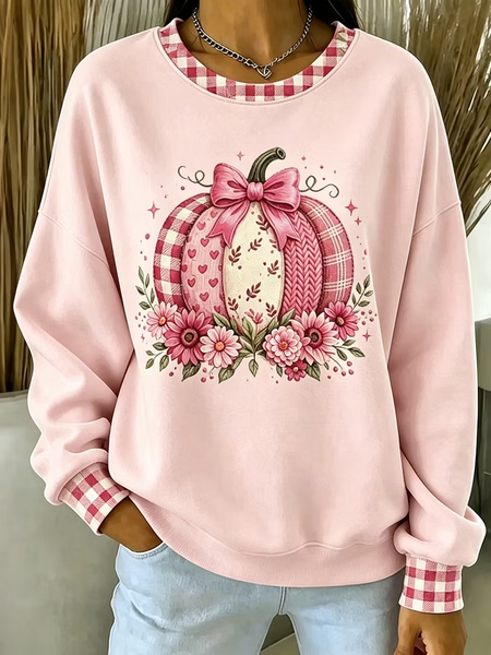 Women Plaid Crew Neck Printing Casual Spring/Fall Long Sleeve Sweatshirt