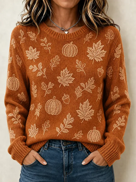 Women Maple Leaf Long Sleeve Comfy Casual Printing Sweater