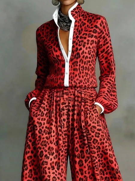 Urban Leopard Print Contrast Red Trim Stand Collar Loose Shirt 1 Urban Leopard Print Contrast Red Trim Stand Collar Loose Shirt