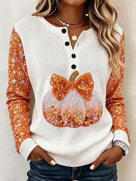 Casual Pumpkin Pattern Crew Neck Long Sleeve Sweatshirt