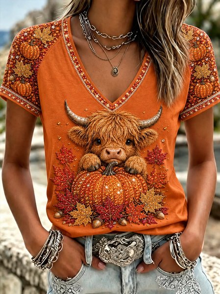 Women Cattle Short Sleeve Tee T-shirt V Neck Casual Summer Top