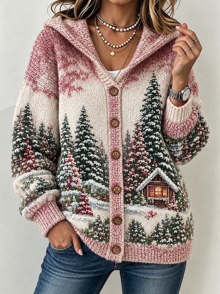 Women Landscape Print Long Sleeve Hoodie Vintage Spring/Fall Cardigan Outerwear