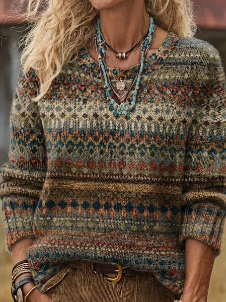 Women Ethnic Printing Casual Long Sleeve Crew Neck Spring/Fall Sweater
