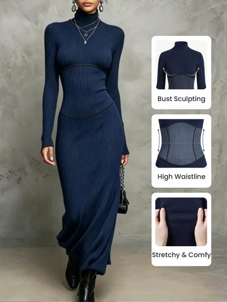 Casual Plain Turtleneck Sweater Maxi Dress 1 Casual Plain Turtleneck Sweater Maxi Dress