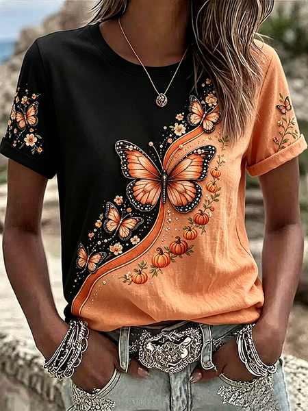 Women Butterfly Short Sleeve Tee T-shirt Crew Neck Printing Casual Graphic Tee Summer Top