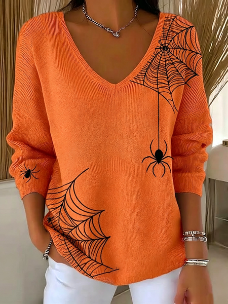 Women Halloween Long Sleeve Tee T-shirt V Neck Printing Casual Spring/Fall Top