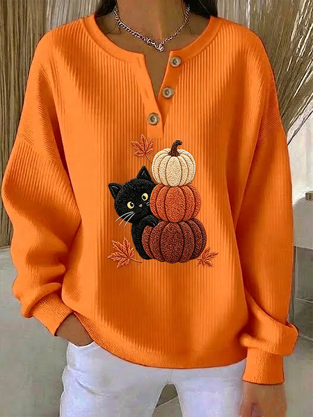Women Cat Crew Neck Printing Casual Spring/Fall Long Sleeve Sweatshirt