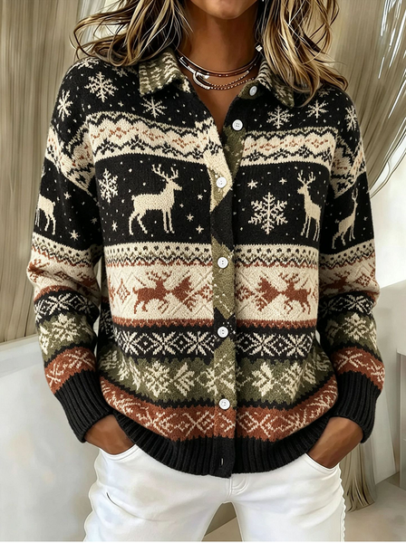 Casual Christmas Elk Regular Fit Shawl Collar Knit Top