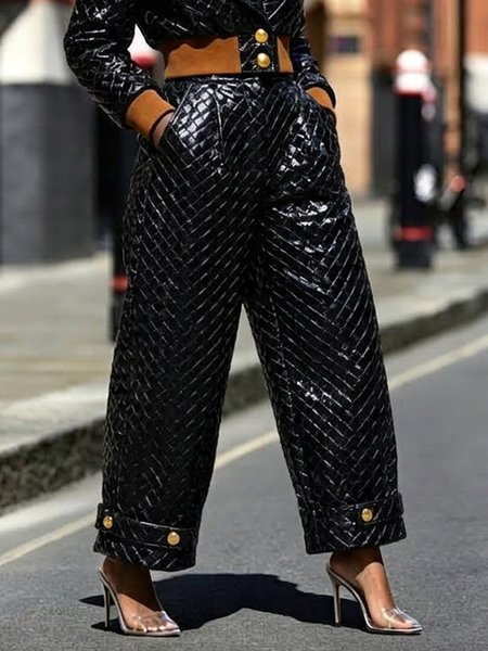 Urban Plain Button Detail Faux Leather Pants