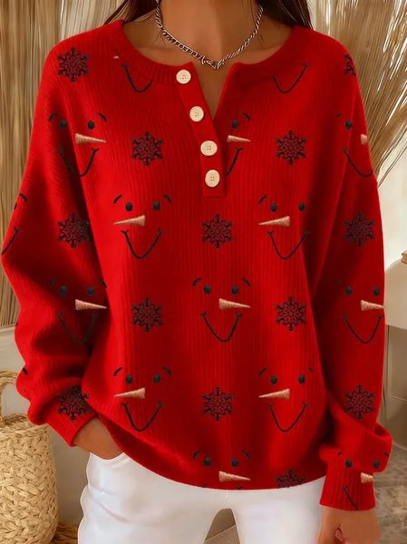 Casual Christmas Henley Collar Long Sleeve Sweatshirt