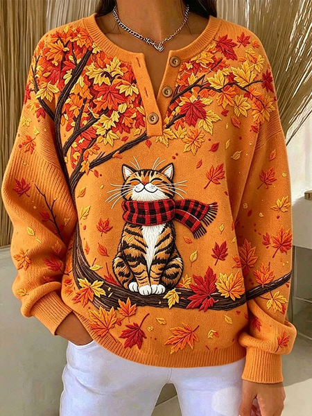 Women Cat Crew Neck Printing Casual Spring/Fall Long Sleeve Sweatshirt