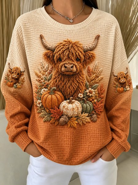 Women Cattle Crew Neck Casual Spring/Fall Long Sleeve Sweatshirt