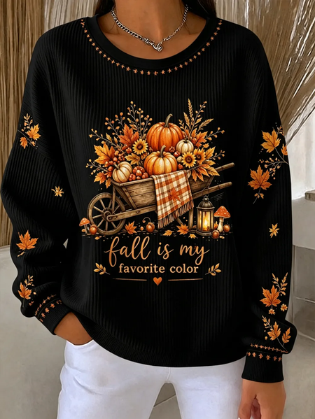 Women Maple Leaf Crew Neck Printing Casual Spring/Fall Long Sleeve Sweatshirt