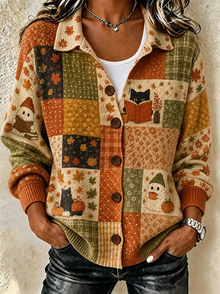 Women Cat Printing Long Sleeve Shawl Collar Vintage Spring/Fall Cardigan Outerwear