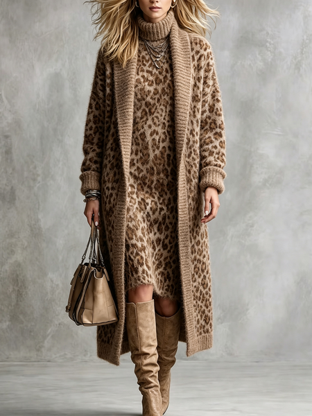 Casual Leopard Shawl Collar Sweater Cardigan