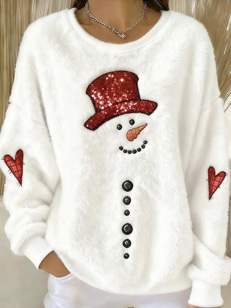Women Christmas Snowman Crew Neck Printing Casual Winter Long Sleeve Sweatshirt