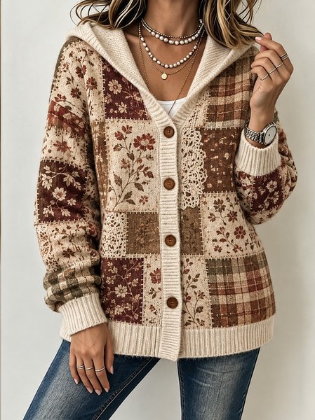 Women Floral Long Sleeve Hoodie Vintage Spring/Fall Cardigan Outerwear