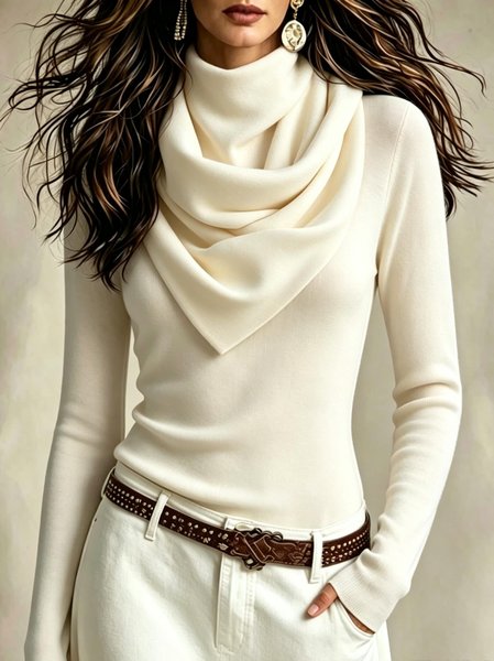 Casual Plain Cowl Neck T-shirt
