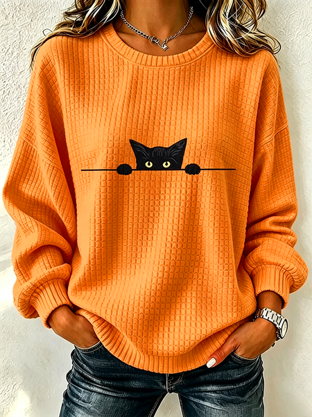 Women Cat Crew Neck Printing Casual Spring/Fall Long Sleeve Sweatshirt