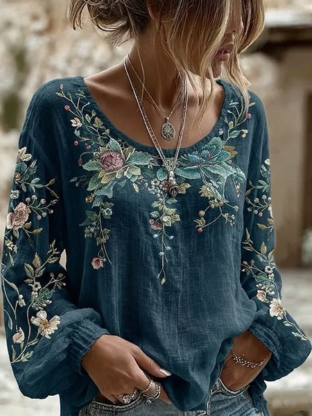 Women Floral Vintage Blouse Crew Neck Long Sleeve Printing Top