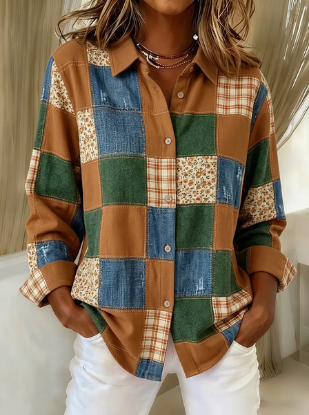 Women Abstract Casual Shirt Shirt Collar Long Sleeve Buckle Top