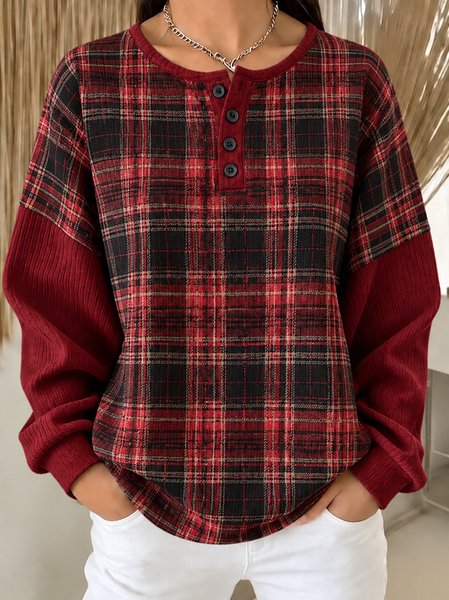 Women Plaid Henley Collar Casual Spring/Fall Long Sleeve Sweatshirt