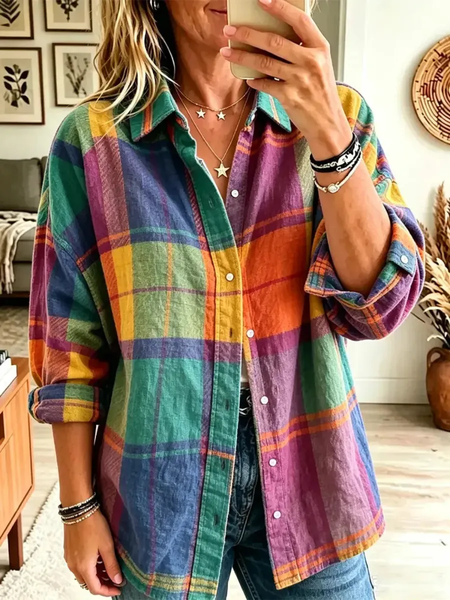 Women Plaid Shirt Collar Long Sleeve Shirt Buckle Regular Sleeve Casual Daily Spring/Fall Top