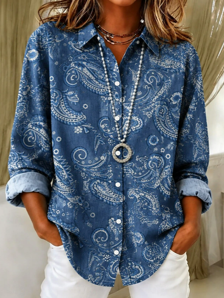 Women Paisley Casual Shirt Shirt Collar Long Sleeve Buckle Top